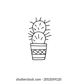 Cactus in pot. Houseplants. An exotic plant. Thorns. Plant. Vector. Doodle. Hand-drawn illustration. Silhouette. Black and white outline. Coloring.