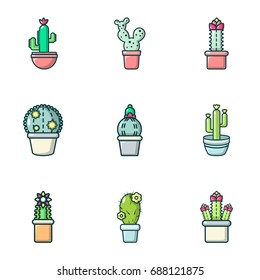 Cactus in a pot icons set. Outline set of 9 cactus in a pot vector icons for web isolated on white background