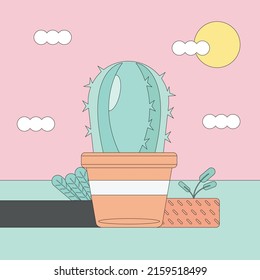 Cactus in a pot. Illustration with pastel colors.