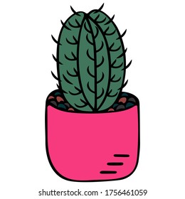 Cactus in a pot. Indoor plant with thorns to create coziness in the interior. Stay safe at home. Vector illustration on an isolated white background. Cartoon style. Illustration idea for web design.