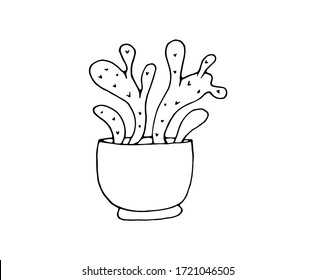 Cactus in a pot. Interior plant. Prickly plant on a white background. Vector isolated illustration with cactus for a room. Flowering plant. Doodle style. Printing in books on botany, biology.