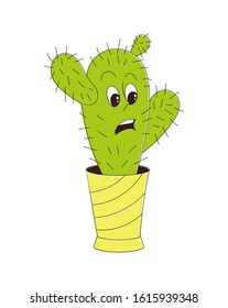 Cactus in a pot isolated on white background in vector. Flower treatment for parasites. Cactus with face and eyes and open mouth.