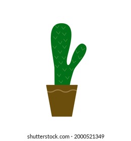 Cactus in pot isolated on white background. Cartoon flat plant. Cute clip art. Vector illustration for pattern, greeting card, poster, wrapping