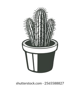 Cactus in a pot isolated on white background. Botanical element for interior design. Monochrome black and white illustration.