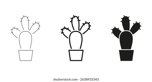 Cactus In Pot In Line, Outline, And Glyph Icon Set. Desert Plant And Succulent Symbol Collection. Botanical And Nature Design Elements. Isolated Vector Illustration.