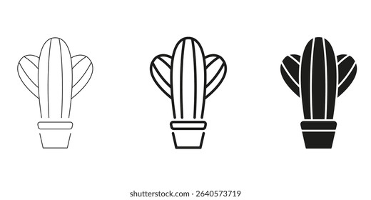 Cactus In Pot In Line, Outline, And Glyph Icon Set. Succulent Symbol Collection. Desert Plant, Botanical And Eco-Friendly Design Elements. Isolated Vector Illustration.