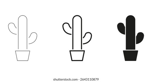 Cactus In Pot In Line, Outline, And Glyph Icon Set. Desert Plant, Succulent, And Indoor Gardening Symbol Collection. Nature And Home Decor. Isolated Vector Illustration.