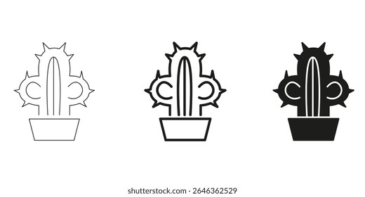 Cactus In Pot In Line, Outline, And Glyph Icon Set. Nature And Home Decor. Desert Plant, Succulent Care, And Indoor Gardening Symbol Collection. Isolated Vector Illustration.