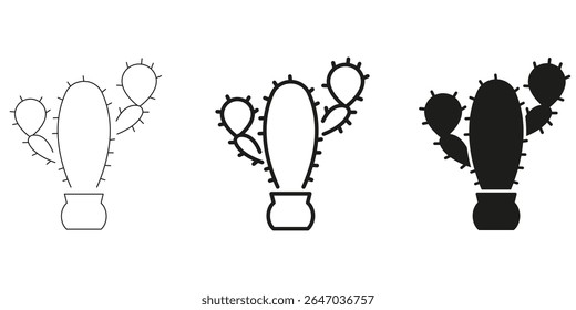 Cactus In Pot In Line, Outline, And Glyph Icon Set. Desert Plant, Succulent, And Nature Symbol Collection. Botanical And Eco-Friendly Design Elements. Isolated Vector Illustration.