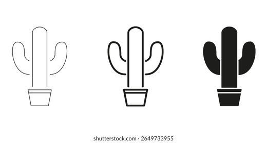 Cactus In Pot In Line, Outline, And Glyph Icon Set. Botanical And Eco-Friendly Design Elements. Desert Plant, Succulent, And Nature Symbol Collection. Isolated Vector Illustration.