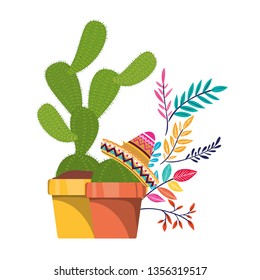 cactus with pot and mexican hat icon
