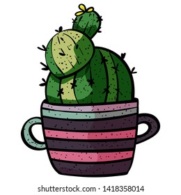 Cactus In A Pot or mug with stripes. Hygge. Botanical illustration. Succulent plant. - Vector. Vector illustration