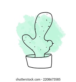 Cactus in a pot on a background of green paint spots. Doodle potted flowers on a background of paint stains. Vector doodle on the background of a paint spot.