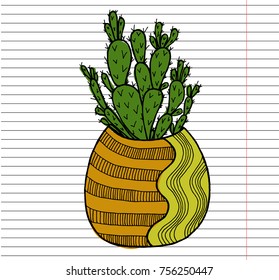 Cactus in pot on copybook background. Home plants pattern. Exotic, tropical. Vector illustration.