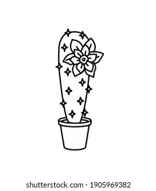 Cactus in a pot on a white background. Vector linear illustration.