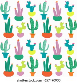 Cactus in pot on white background seamless vector texture. 