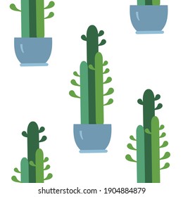 Cactus in a pot on a white background.Seamless pattern, vector image.