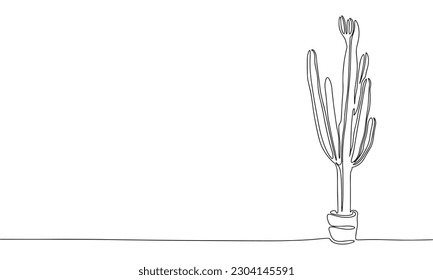 Cactus in pot as one line drawing banner. Continuous hand drawn minimalist minimalism design isolated on white background vector illustration.