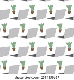 Cactus in pot and open pc minimalistic Seamless Pattern. online 