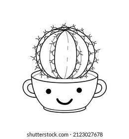 Cactus in pot outline. Cute kawaii boy cactus in mag with eyes and smile. Doodle, line art, silhouette, cartoon funny illustration for print or coloring page.