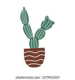 Cactus in a pot, painted in doodle style. Cozy autumn. Flat vector illustration