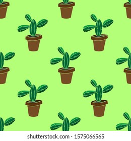 Cactus in a pot pattern on light-green. Seamless vector graphics.