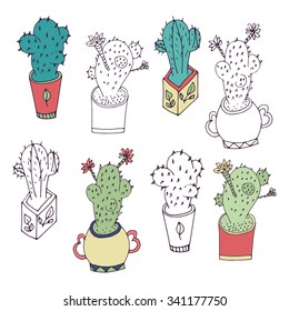 Cactus in a pot. peyote. Set. On a white background. Sketch doodle.