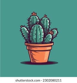 Cactus in a pot with red flowers on a green background vector art illustration.