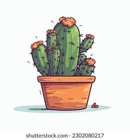 Cactus in a pot with red flowers on a green background vector art illustration.