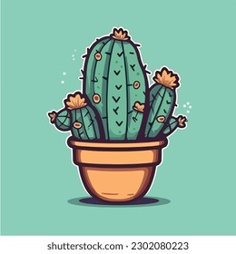 Cactus in a pot with red flowers on a green background vector art illustration.