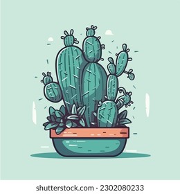 Cactus in a pot with red flowers on a green background vector art illustration.