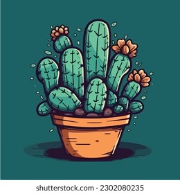 Cactus in a pot with red flowers on a green background vector art illustration.