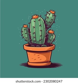 Cactus in a pot with red flowers on a green background vector art illustration.