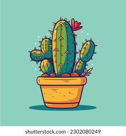 Cactus in a pot with red flowers on a green background vector art illustration.