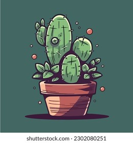 Cactus in a pot with red flowers on a green background vector art illustration.