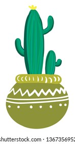 Cactus pot in round earthen pot vector or color illustration