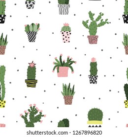 Cactus in pot seamless hand drawn pattern. Scandinavian simple cartoon style dotted background. Stock vector