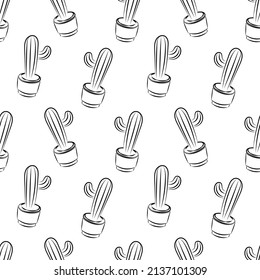 Cactus in a pot seamless pattern doodle outline vector. Texture for background, print, greeting card, packaging, merchandise, showcase, book, poster, fabric, wrapping.
