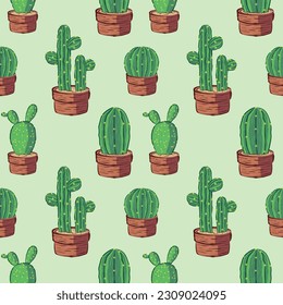 Cactus in pot seamless pattern. Hand-drawn set, ideas for wallpaper themes and fabric prints with floral motifs. Vector illustration