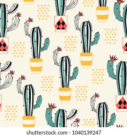 Cactus in a Pot seamless pattern with lovely flowering cacti in a flower pot. Vector illustration.