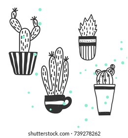 Cactus in pot set. monochrome funny cute cactus vector set, cute plants. Mexican cactus set. Modern cactus illustration
