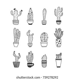 Cactus in pot set. monochrome funny cute cactus vector set, cute plants. Mexican cactus set. Modern cactus illustration