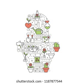 Cactus in pot shape poster banner template. House plants in pots, sprouting seeds, gardening tools vector thin line art flat style design elements, icons for web banners and printed materials.