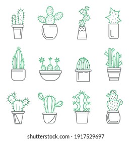 Cactus in Pot Sign Thin Line Icon Set Different Type Plant for Home. Iconos vectoriales