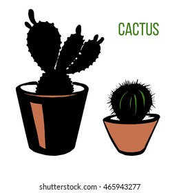 Cactus in pot. Silhouette. Vector. Isolated sketch