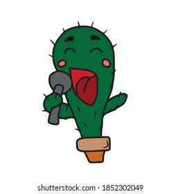 Cactus in a pot sings cartoon . Vector children's illustration of Mexican cacti on a white background. For banners, postcards and stickers