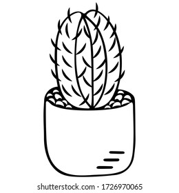 Cactus in a pot. Sketch. Houseplant with thorns. Vector illustration. Outline on isolated background. Coloring book. Doodle style. The ground is covered with pebbles. 