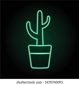 Cactus in pot slice neon icon. Green cacti, indoor, interior plant glowing symbol vector illustration. Tropical exotic houseplant illuminated sign isolated clipart. Cactus sticker, design element