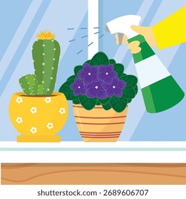 Cactus in a pot with a sprayer. Vector illustration.