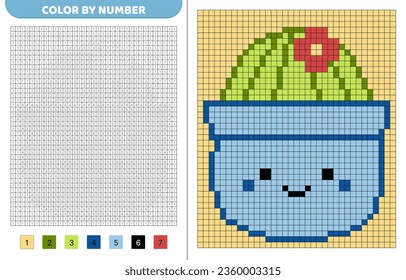 Cactus in pot squishmallow. Color by number. Pixel coloring book. Numbered squares. Game for kids. Pixel art. Isolated vector illustration eps 10